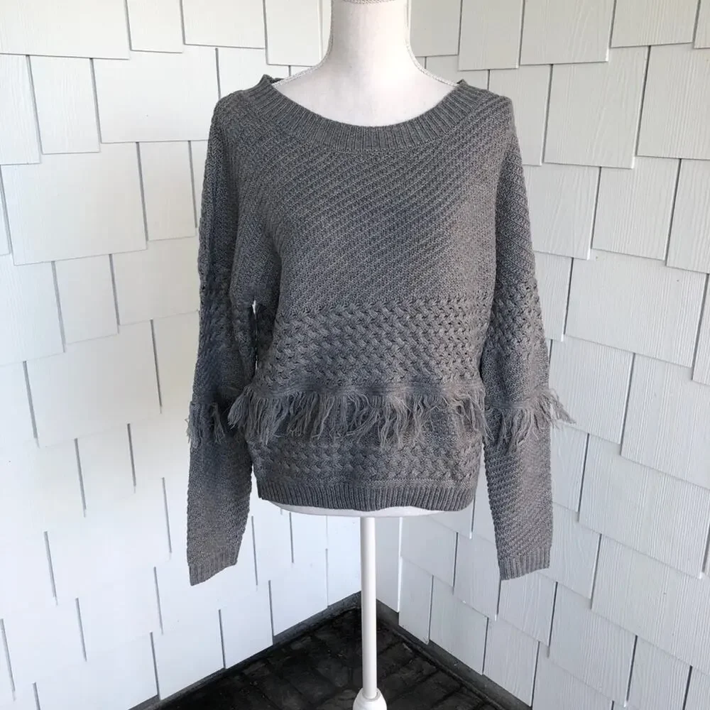 BB Dakota Women's Grey Candace Sweater with Hip and Forearm Fringe Detail sz S